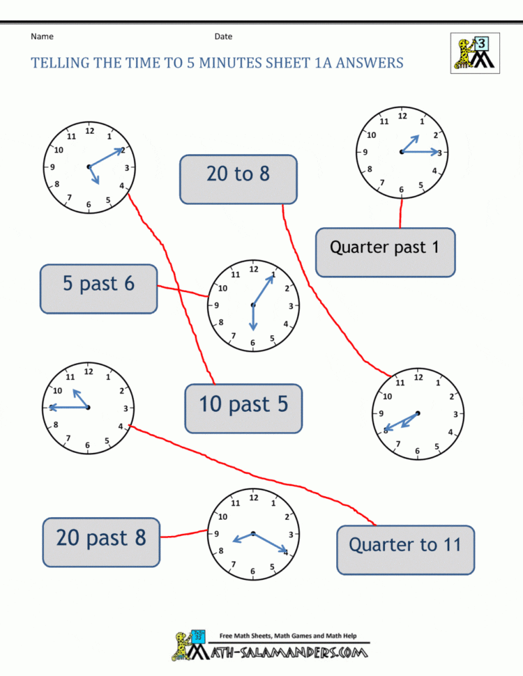 Telling Time Clock Worksheets To 5 Minutes