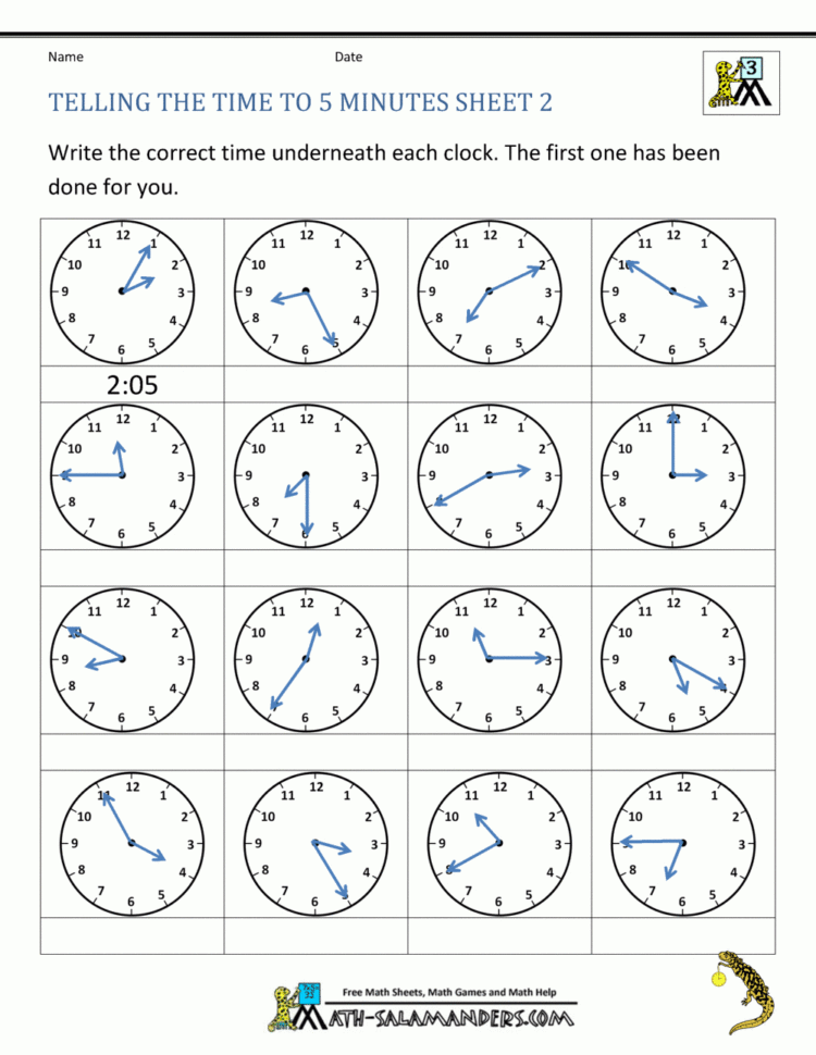Telling Time Clock Worksheets To 5 Minutes