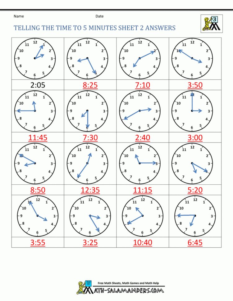Telling Time Clock Worksheets To 5 Minutes
