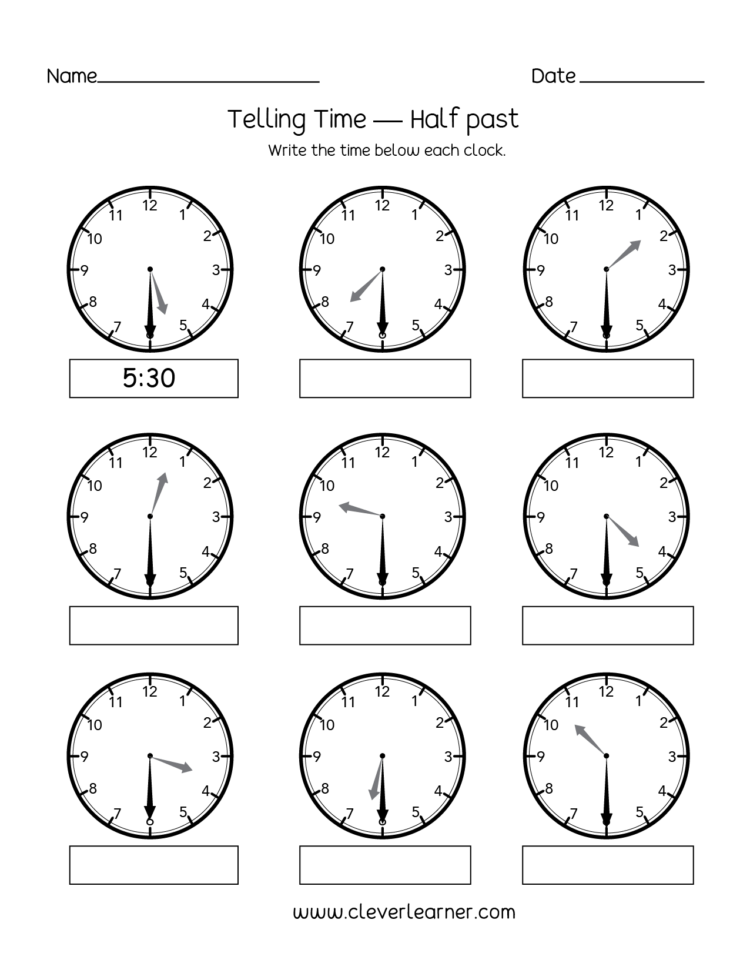 Telling Time Half Past The Hour Worksheets For 1St And 2Nd