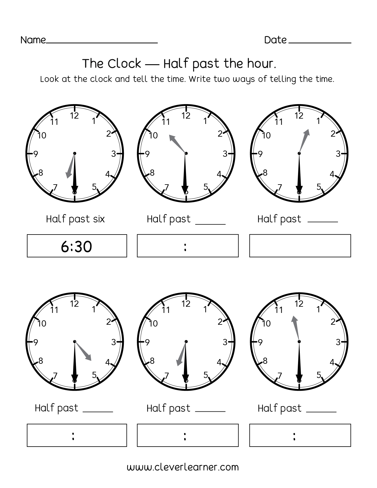 Telling Time Half Past The Hour Worksheets For 1St And 2Nd