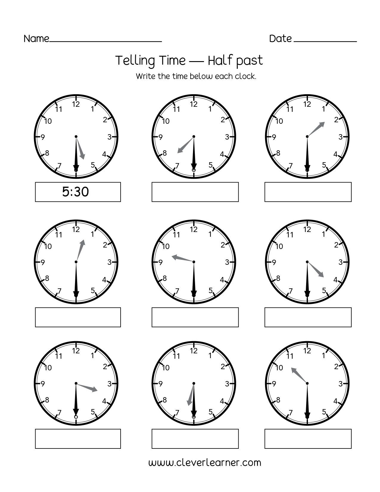 Telling Time Half Past The Hour Worksheets For 1St And 2Nd Graders Db excel