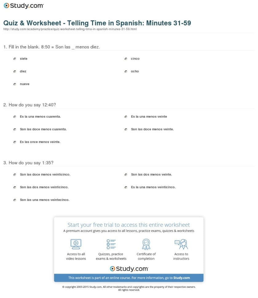 Telling Time In Spanish Worksheets  Netvs