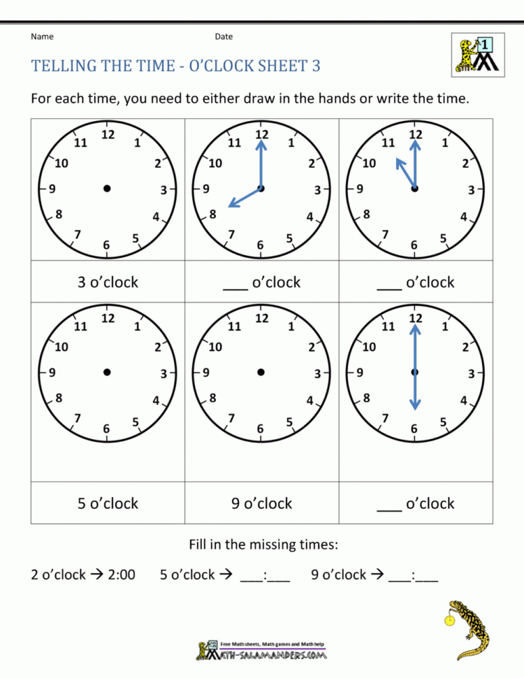 Telling Time Worksheets  O'clock And Half Past