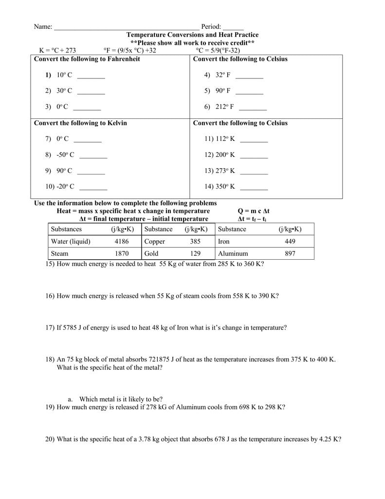 Temperature Conversion Worksheet