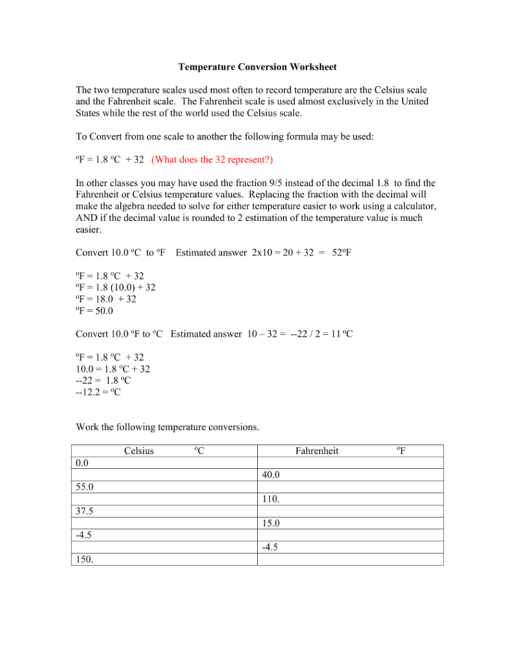 Temperature Conversion Worksheet
