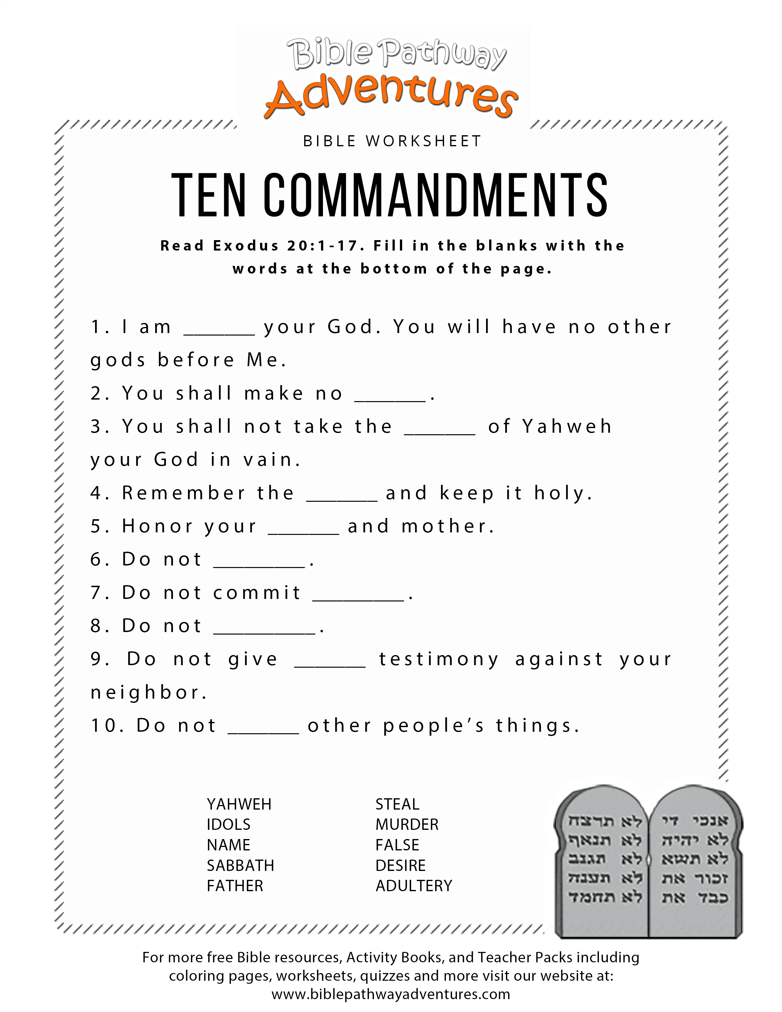 Ten Commandments Worksheet – Bible Pathy Adventures