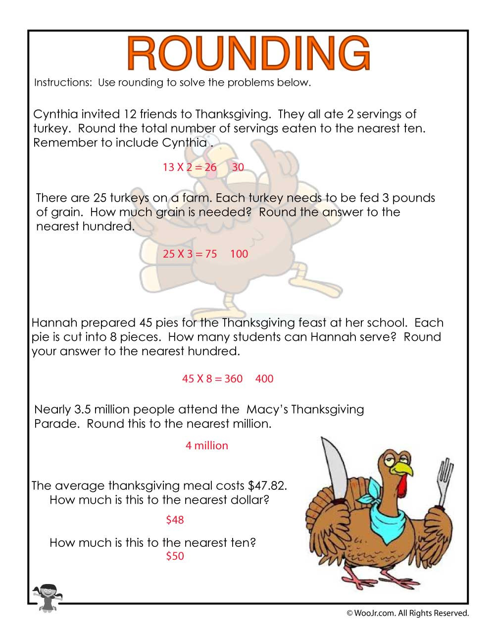 Tens And Hundreds Rounding Word Problems Worksheet  Answers