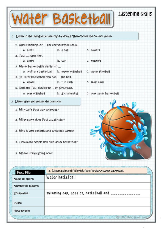 Ter Basketball  Listening Skills  English Esl Worksheets