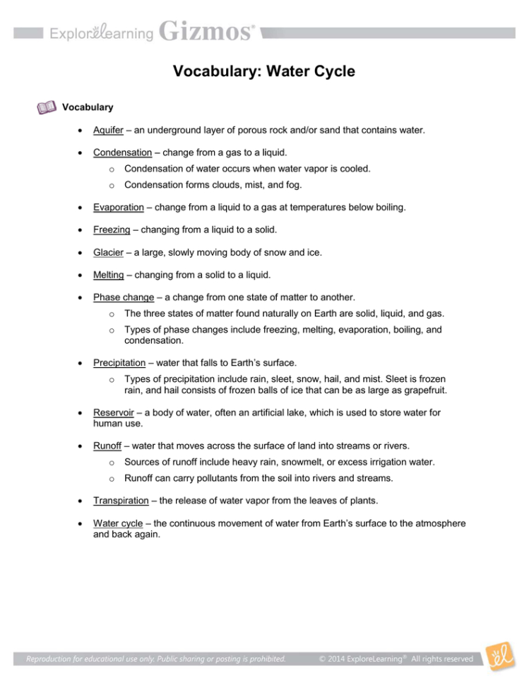 Ter Cycle  Gizmo Vocab Sheet