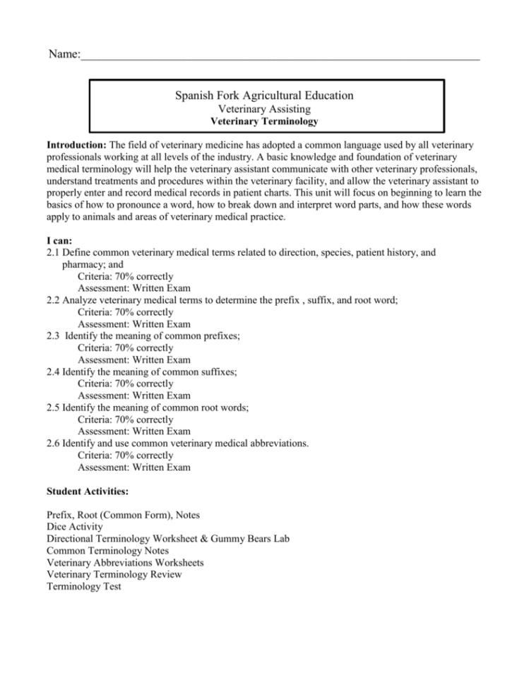 Terminology Packet  Spanish Fork Ag Education And Ffa Chapter