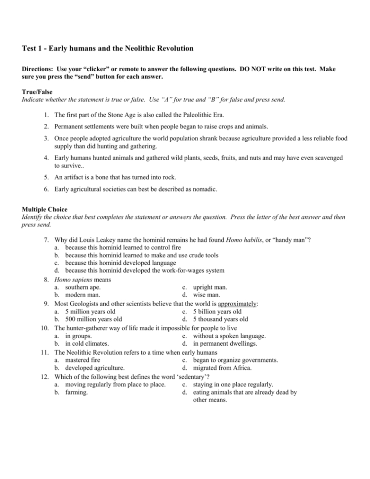 Test 1  Early Humans And The Neolithic Revolution