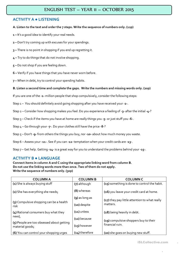 Test 11Th Grade  Consumer Society  English Esl Worksheets