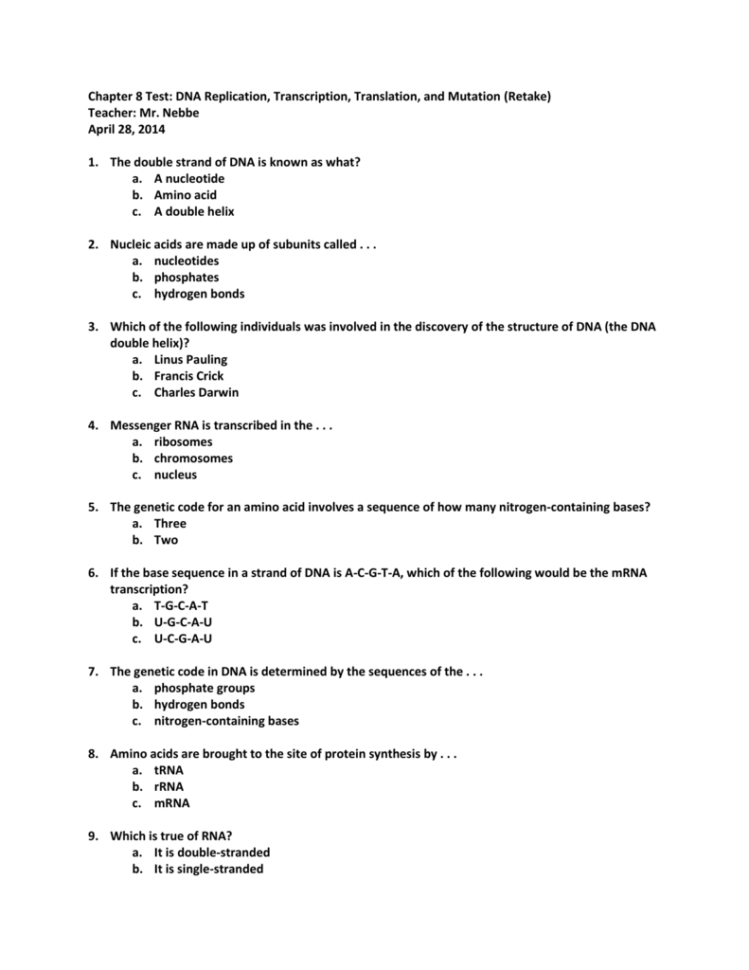 Test 4 Dna Replication Transcription And Translation