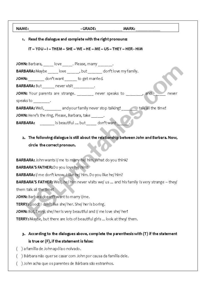 Test On Pronouns And Global Rming  Esl Worksheetdeborica