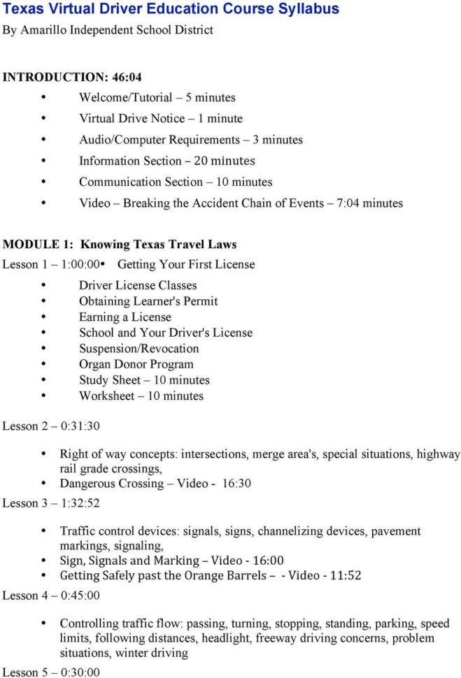 Texas Virtual Driver Education Course Syllabus  Pdf