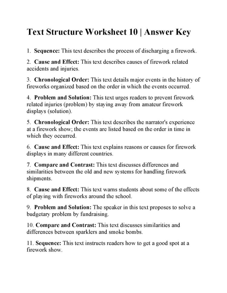 Text Structure Worksheet 10  Answers