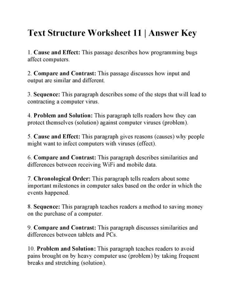 Text Structure Worksheet 11  Answers