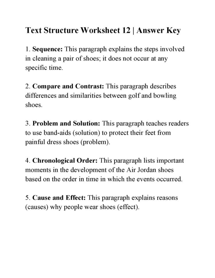 Text Structure Worksheet 12  Answers