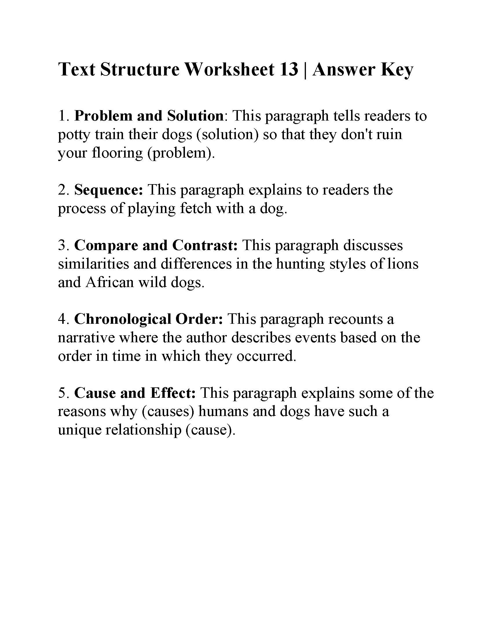 Text Structure Worksheet 13  Answers