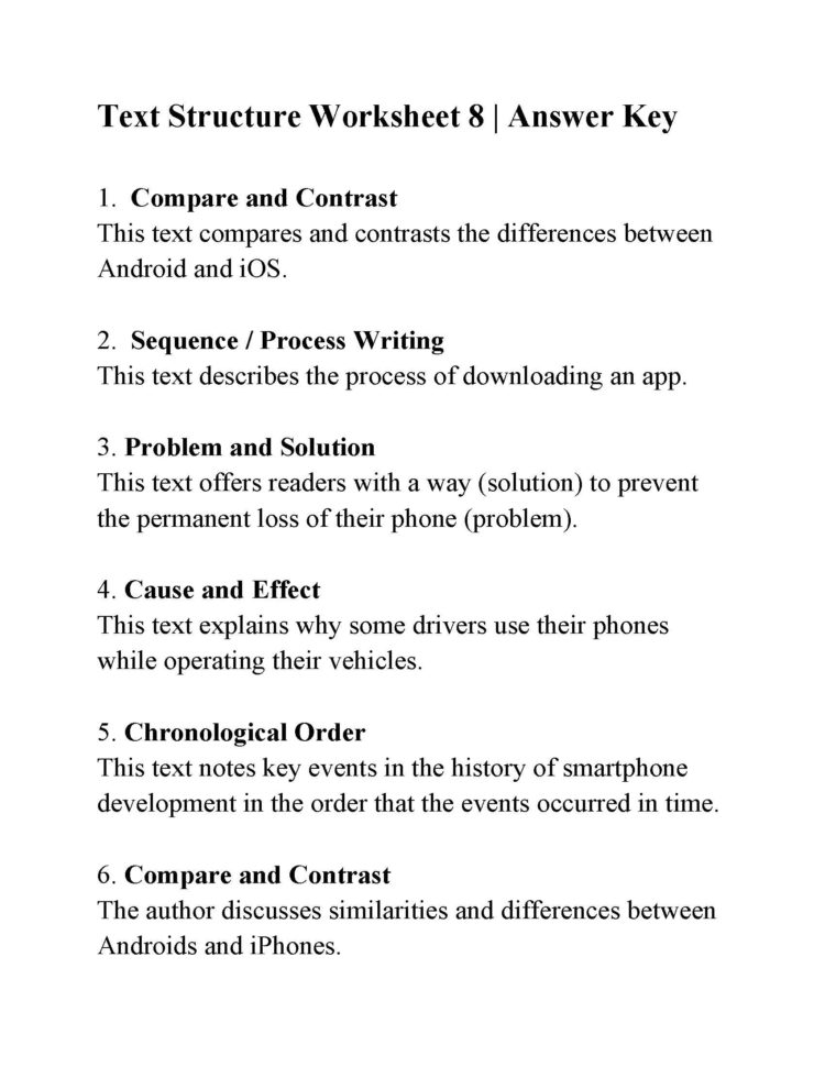 Text Structure Worksheet 8  Answers