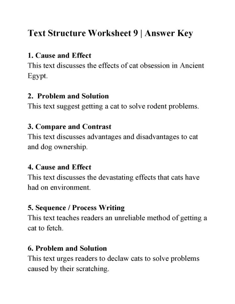 Text Structure Worksheet 9  Answers