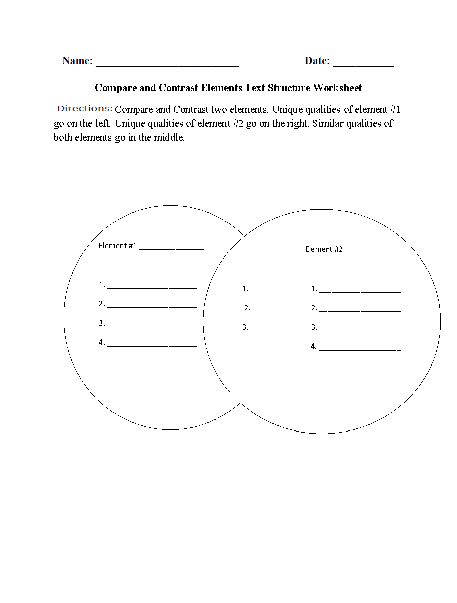Text Structure Worksheets  Compare And Contrast Elements