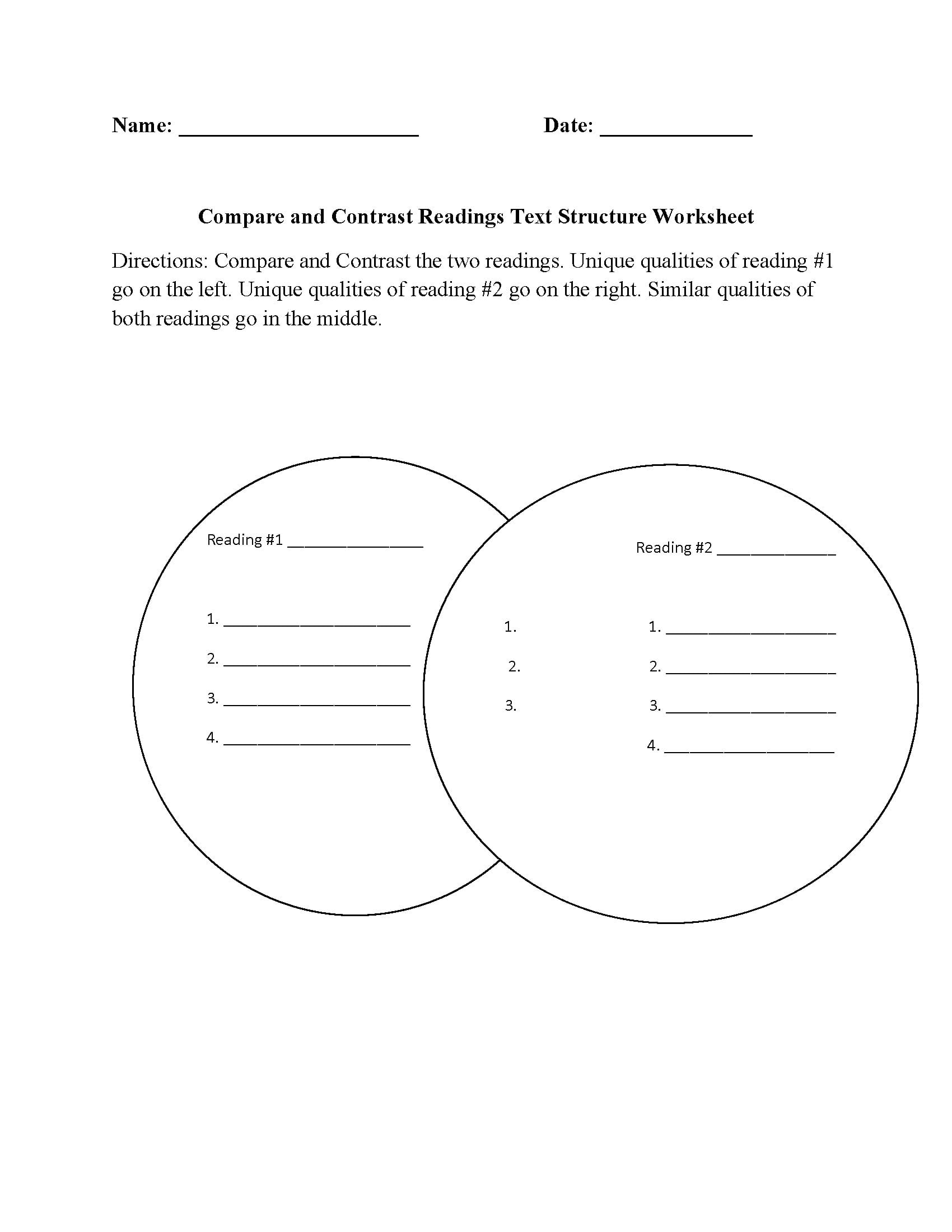Text Structure Worksheets  Compare And Contrast Readings
