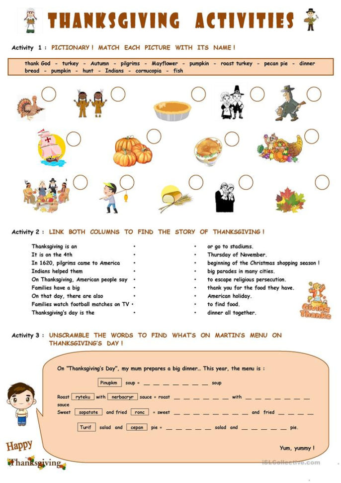 Thanksgiving Activities  English Esl Worksheets
