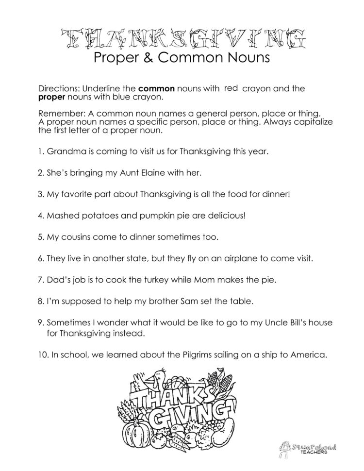 Thanksgiving Common Vs Proper Nouns Worksheet  Squarehead