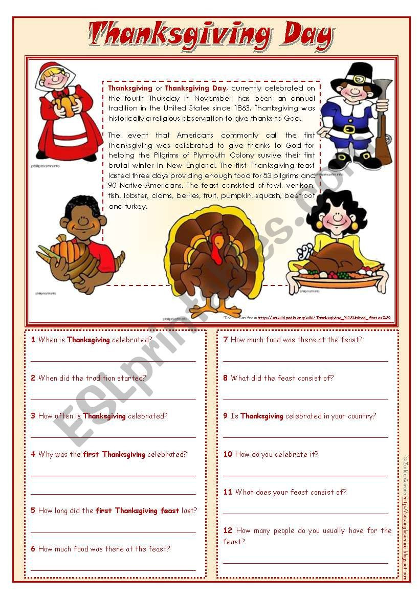 Thanksgiving Day  Reading Comprehension Editable  Esl