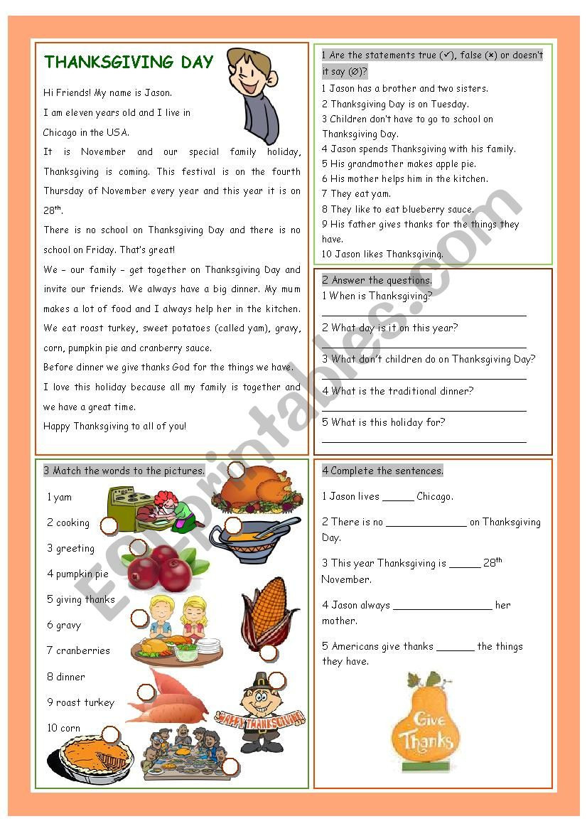 Thanksgiving Day Reading Comprehension  Esl Worksheet