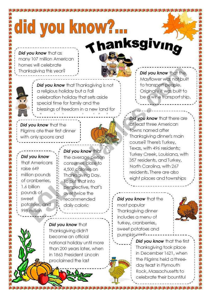 Thanksgiving Facts  Esl Worksheetintothefire