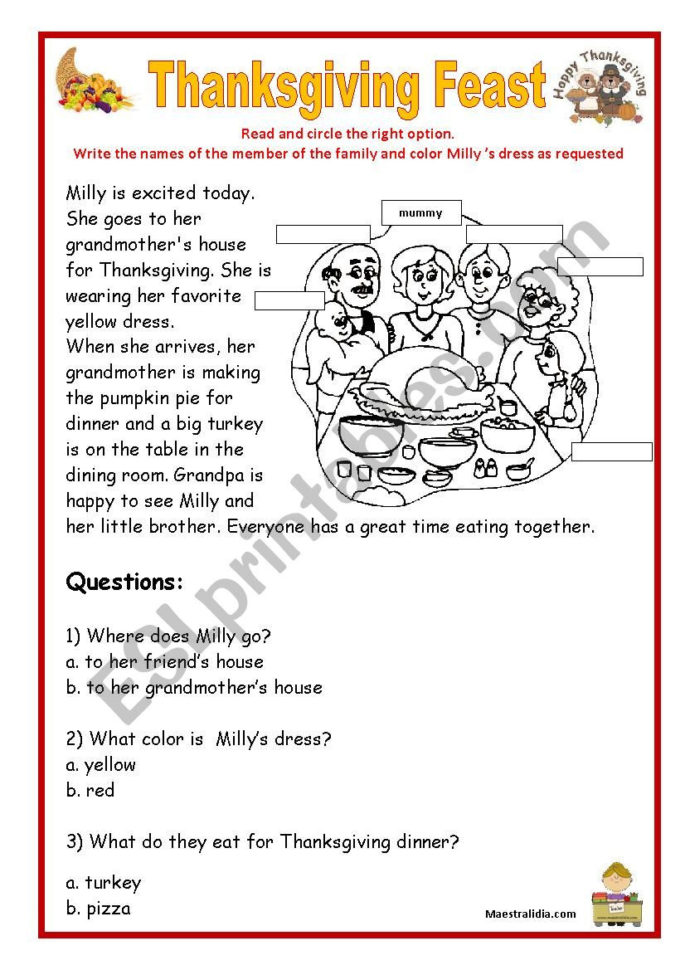 Thanksgiving Reading Comprehension Worksheets Db excel