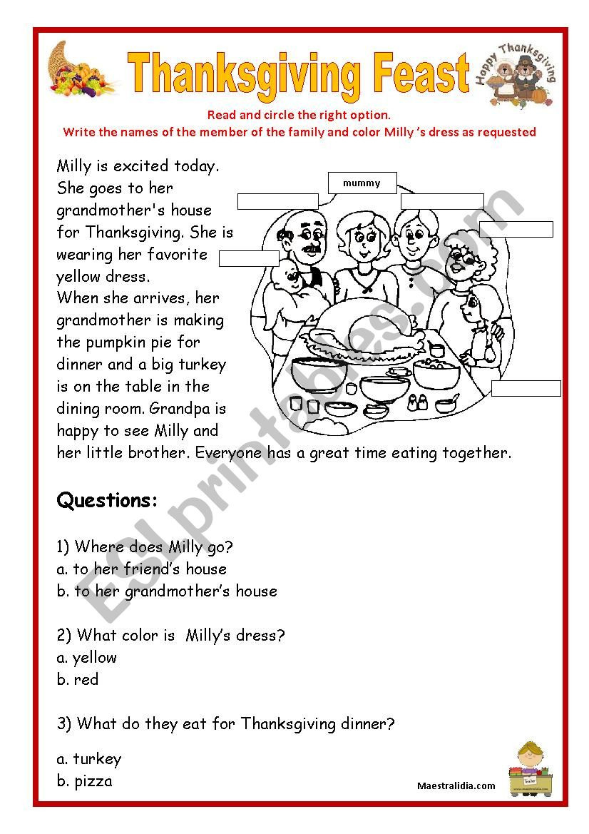 Thanksgiving Reading And Comprehension  Esl Worksheet