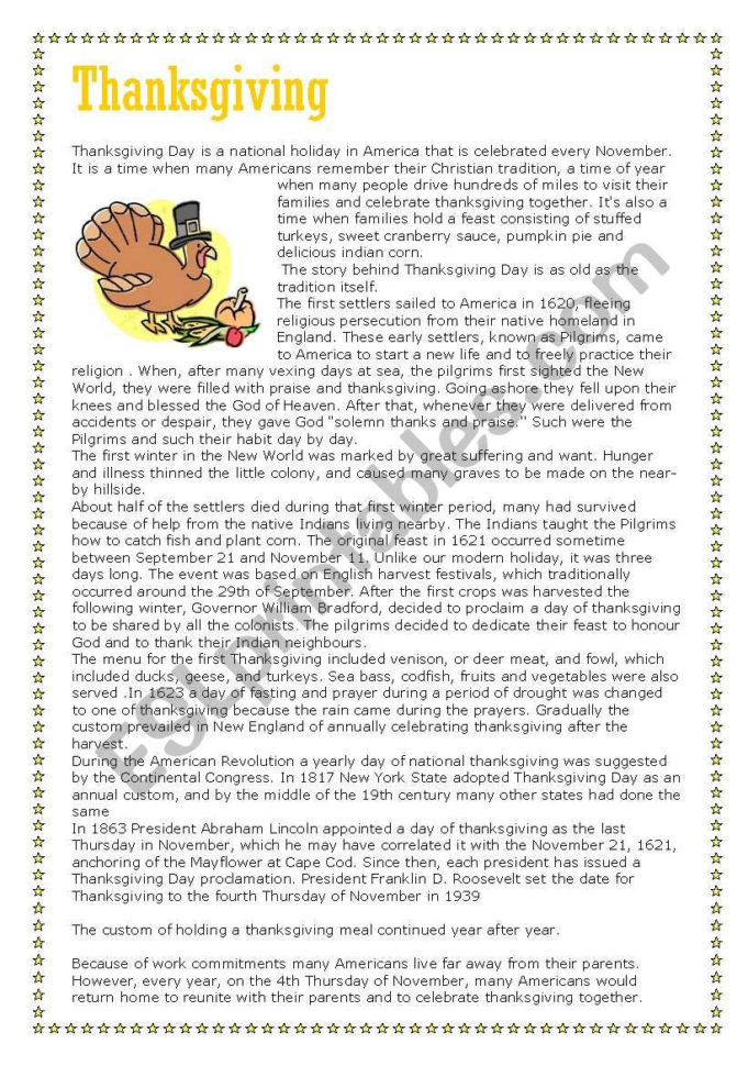 Thanksgiving  Reading Comprehension  Part 1 Of 3 Text