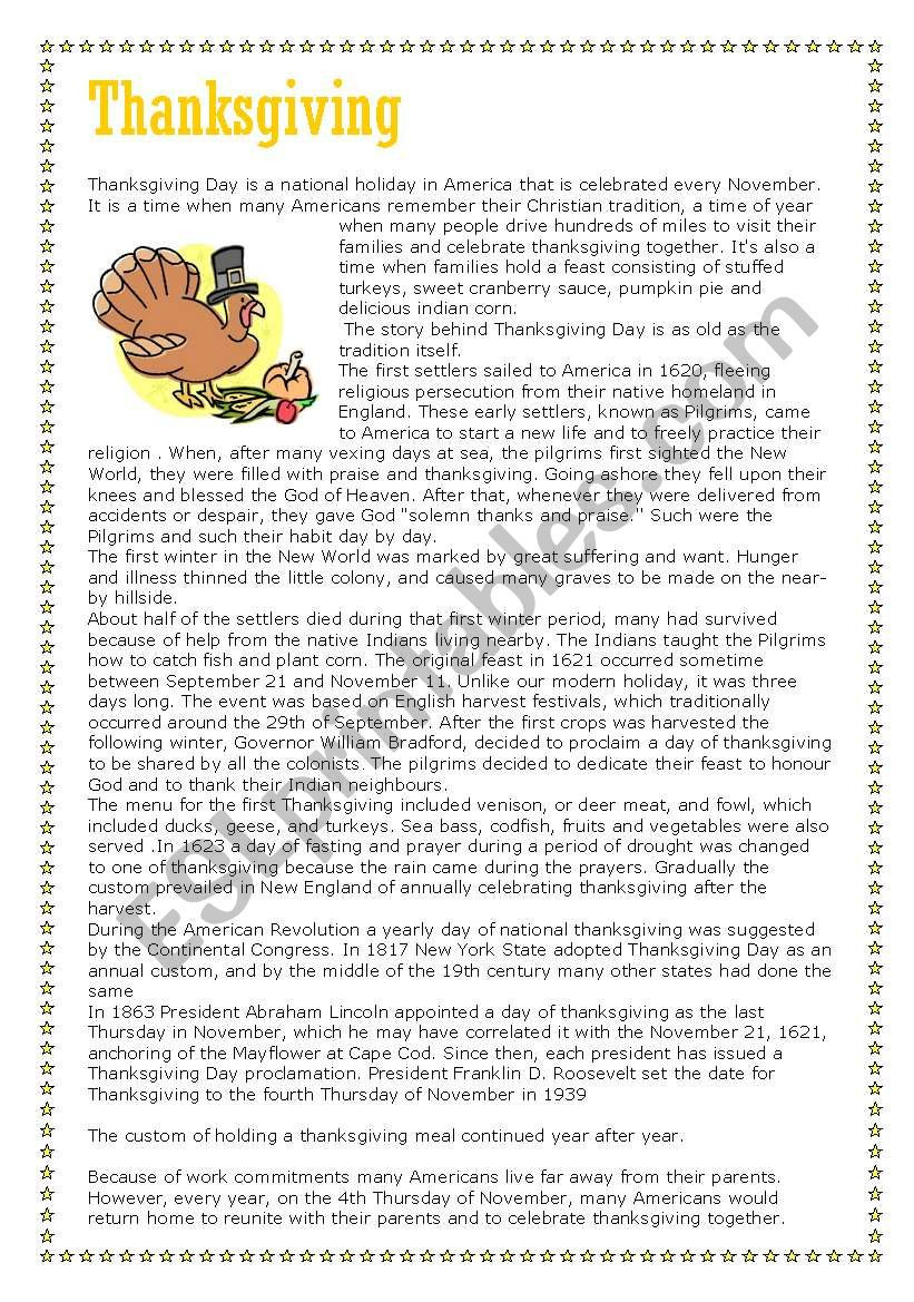 Thanksgiving Reading Comprehension Worksheets Multiple Choice