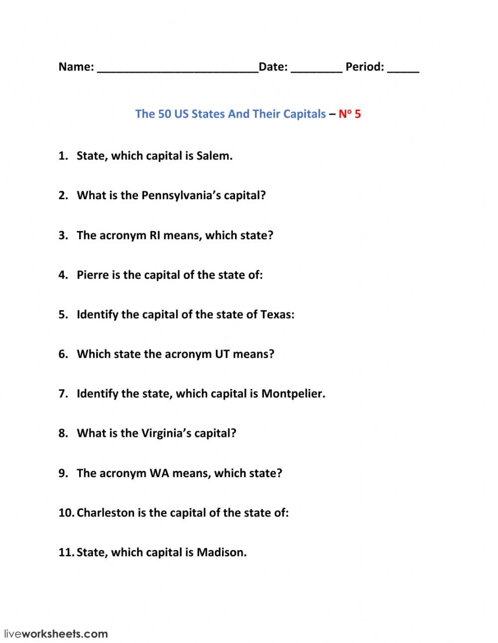 The 50 Us States And Their Capitals – No 5  Interactive
