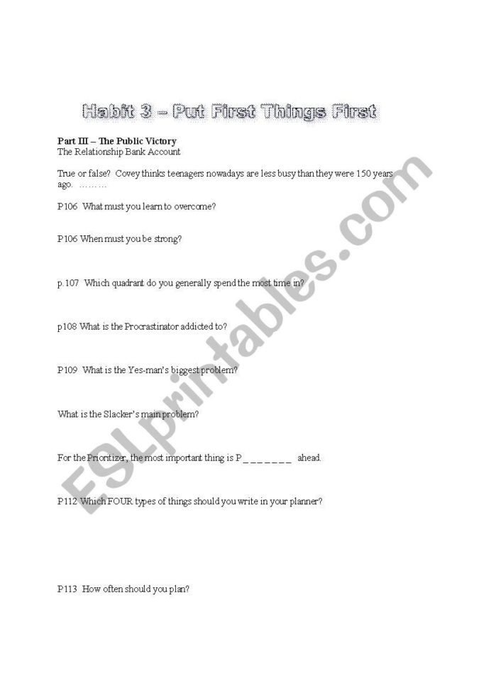 The 7 Habits Of Highly Effective Teens  Esl Worksheets