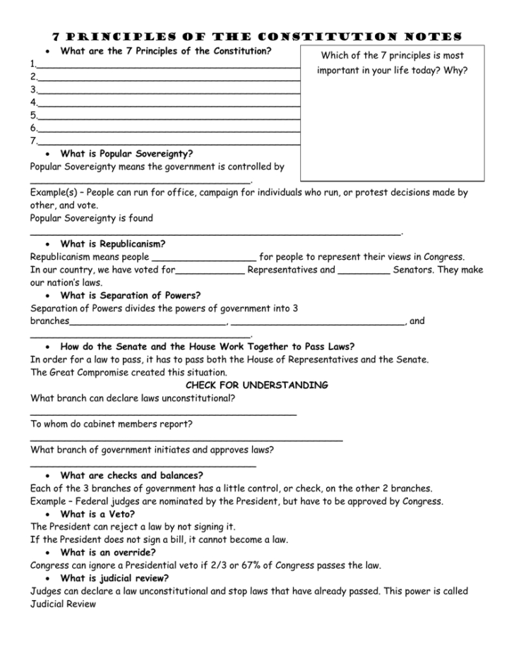 Constitutional Principles Worksheet