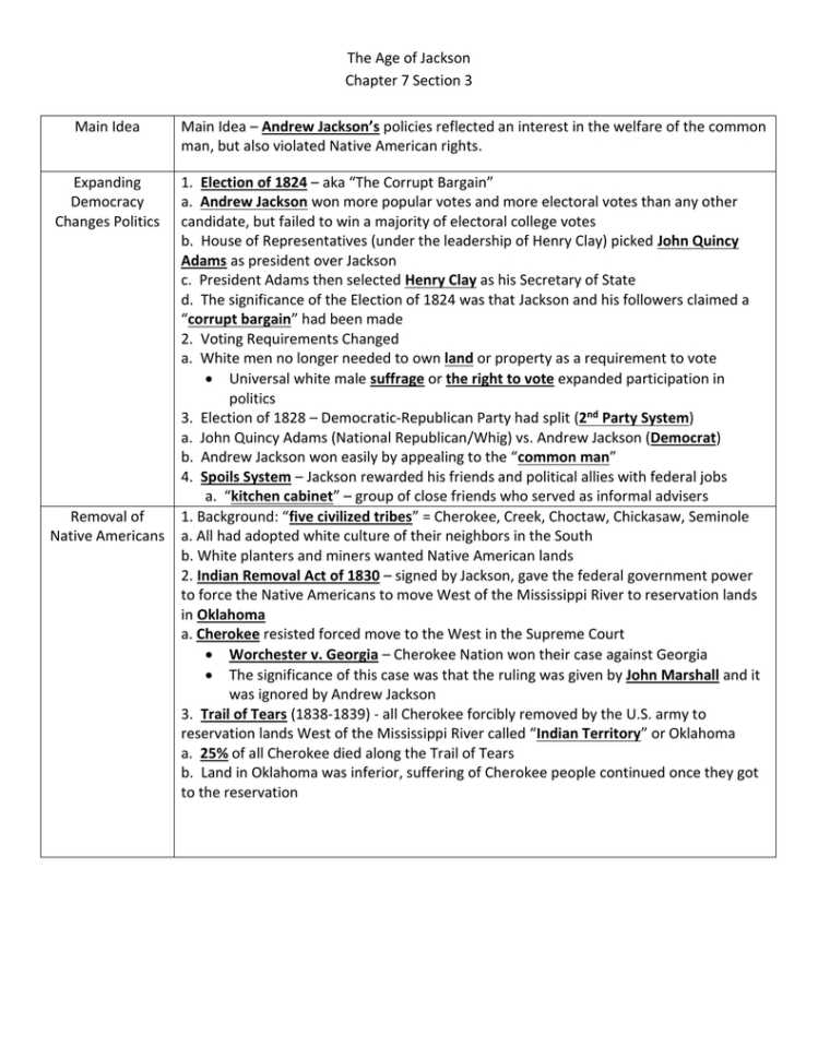 The Age Of Jackson Chapter 7 Section 3 Main Idea Main Idea