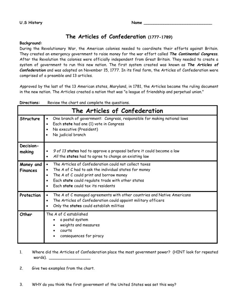 Articles Of Confederation Worksheet Answers Db excel
