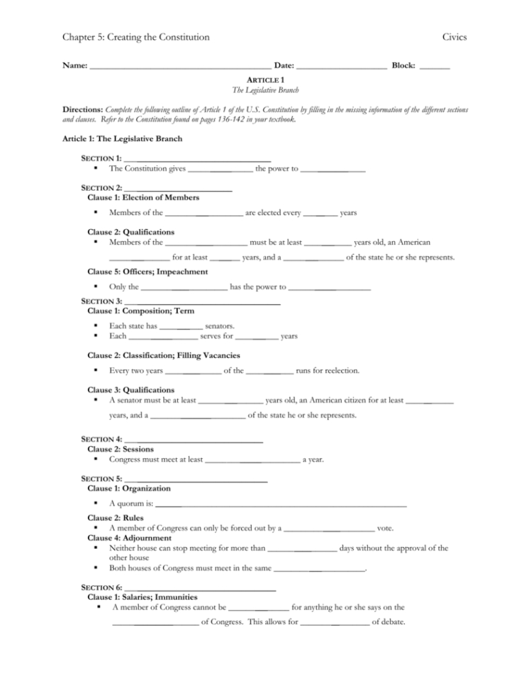 The Articles Of The Constitution Worksheets Answer Key