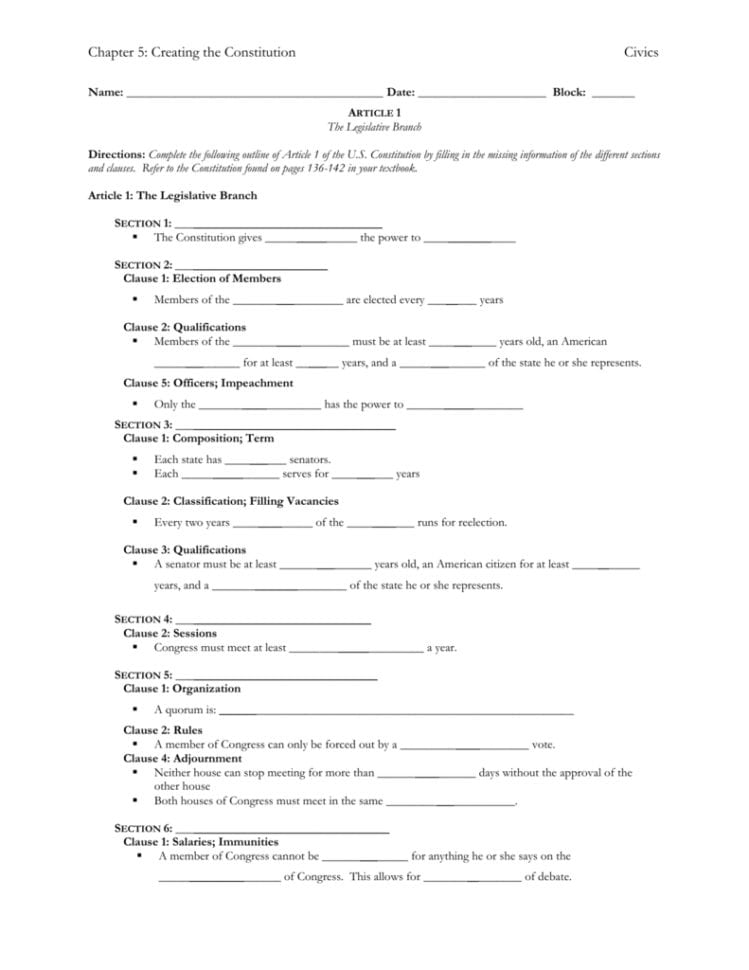 The Articles Of The Constitution Worksheets Answer Key