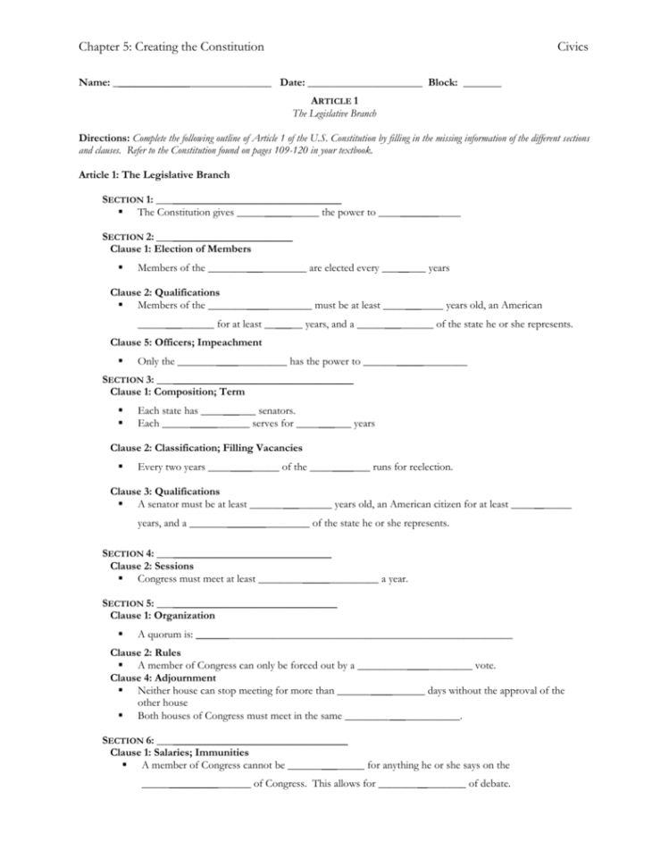 The Articles Of The Constitution Worksheets Answer Key