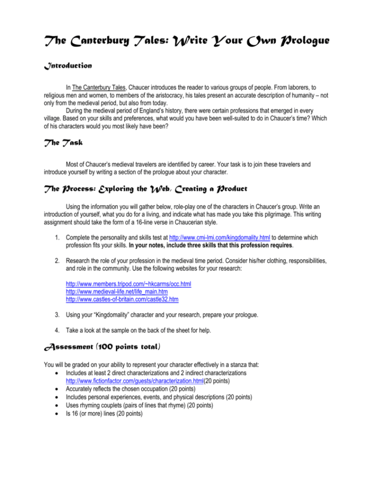 The Canterbury Tales Write Your Own Prologue The Canterbury Tales Write Your Own Prologue