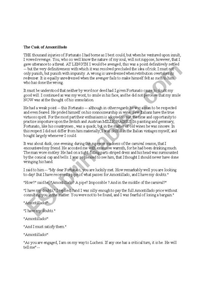The Cask Of Amontillado  Esl Worksheetyasecer