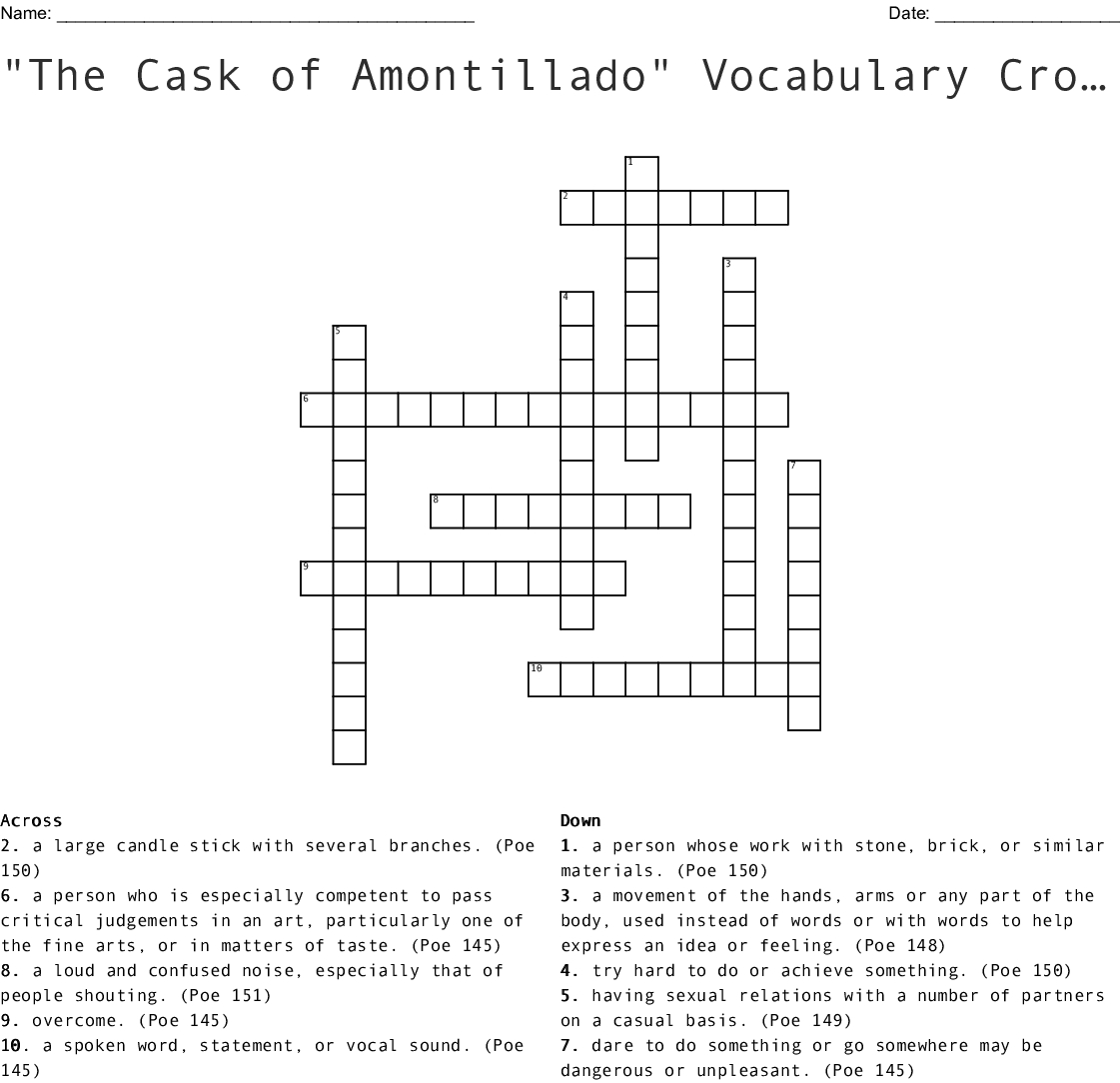 The Cask Of Amontillado" Vocabulary Crossword Puzzle