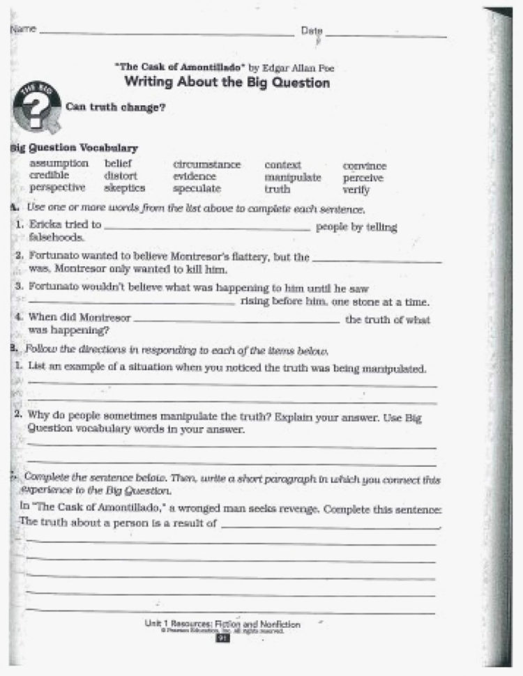 The Cask Of Amontillado Vocabulary Worksheet Answers