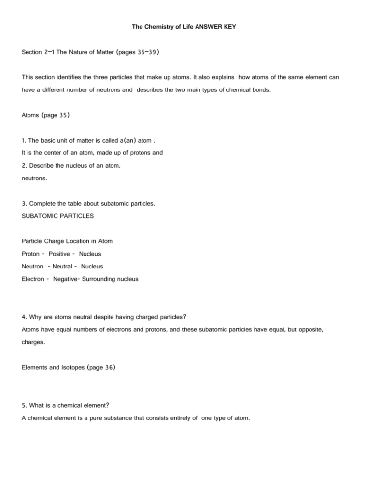 The Chemistry Of Life Answer Key
